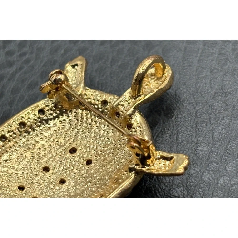 Rhinestone Turtle Pendant Brooch Black AB Aurora Borealis Crystal Gold Tone